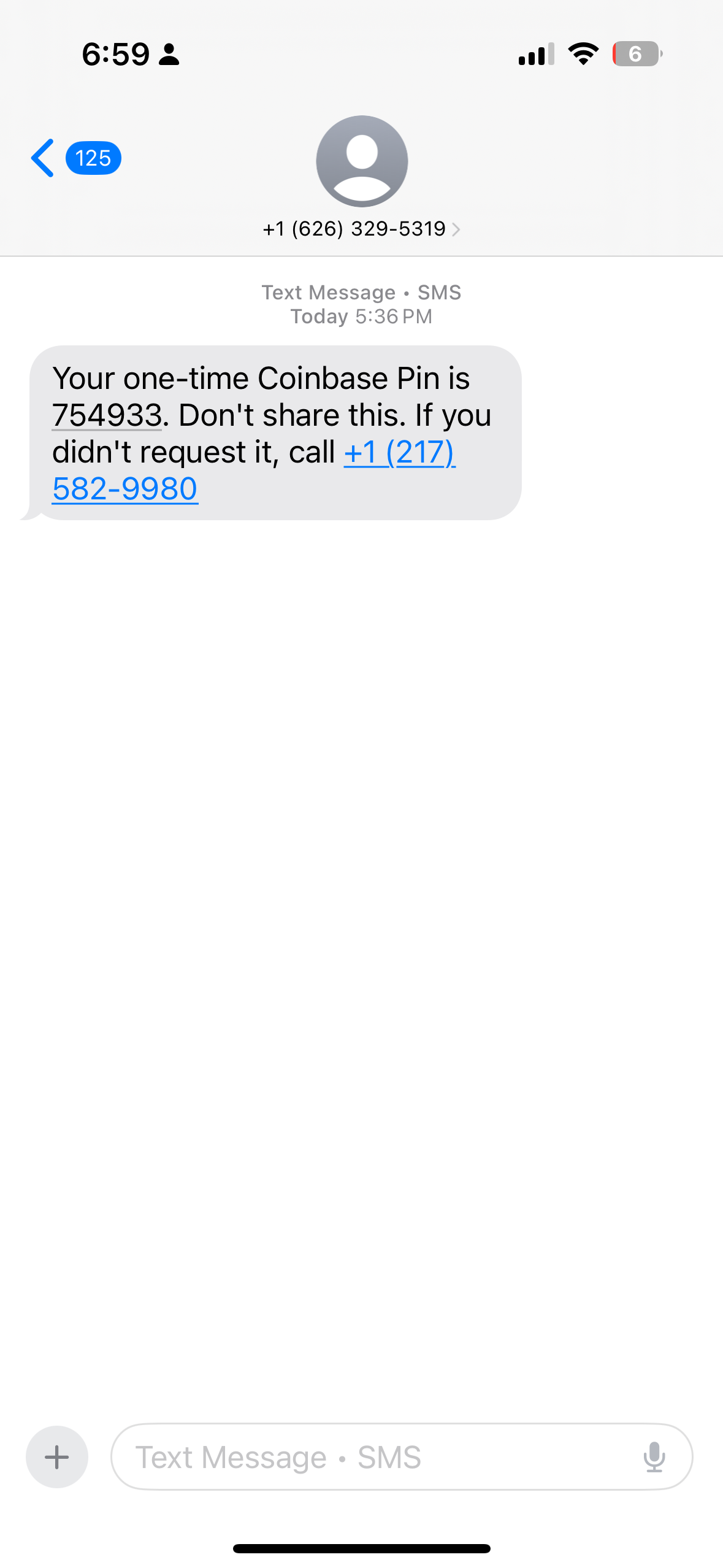 Example of a Coinbase smishing text message